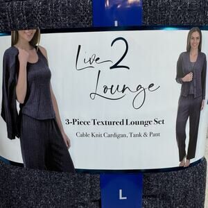 Live 2 NEW Lounge Set 3-Piece Knit Cardigan Tank Pant Women Large Navy Stretch